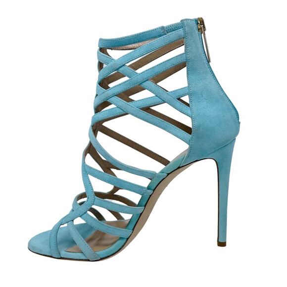 Tamara Mellon aqua/turquoise suede cage strap stiletto sandals size 37.5 US7-7.5 - Picture 10 of 14